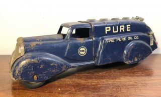 Vintage Metalcraft Pure Oil Tanker Truck 1930’s Yale Tires Pressed Steel Toy