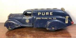 Vintage Metalcraft Pure Oil Tanker Truck 1930’s Yale Tires Pressed Steel Toy 2