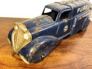 Vintage Metalcraft Pure Oil Tanker Truck 1930’s Yale Tires Pressed Steel Toy 6