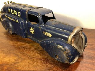 Vintage Metalcraft Pure Oil Tanker Truck 1930’s Yale Tires Pressed Steel Toy 7