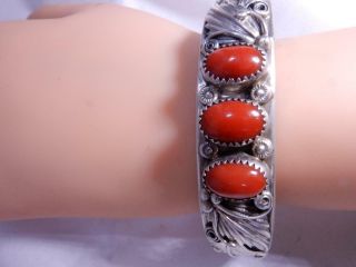 Vintage Silver And Cabochon Red Coral Cuff Bracelet Very Heavy Detailed Work