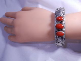 Vintage silver and cabochon red coral cuff bracelet very heavy detailed work 2