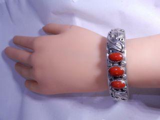 Vintage silver and cabochon red coral cuff bracelet very heavy detailed work 3