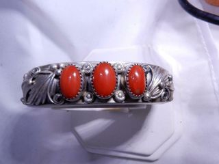 Vintage silver and cabochon red coral cuff bracelet very heavy detailed work 4