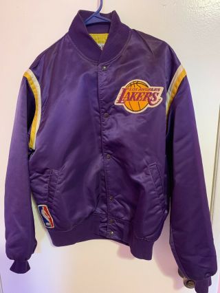 Vintage 80s 90s Starter Los Angeles Lakers Purple Bomber Satin Jacket Coat L