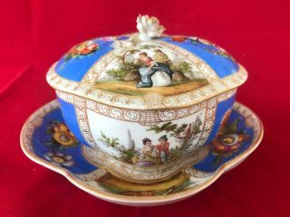 Fine Antique Dresden Helena Wolfsohn Porcelain Hand Painted Lidded Bowl.