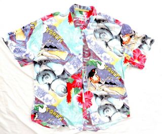 Vtg Jams World Rayon Hawaiian Shirt Xl Tahiti Hula Girl Multi Color Flowers