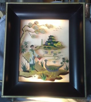 Vintage Oriental Mcm Reverse Painting Picture On Glass Lighted Wall Hanging
