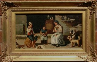 Early19th Century Italian School Antique Oil Painting The Family In The Kitchen