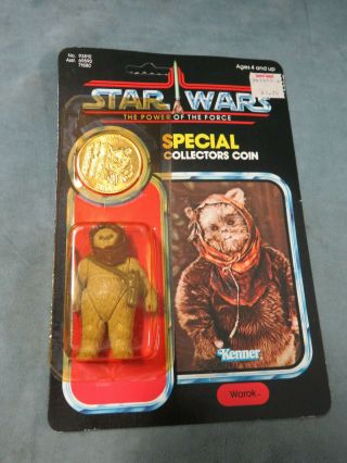 Vintage Star Wars Power Of The Force 1984 Warok Ewok W/ Coin On Card - Kenner