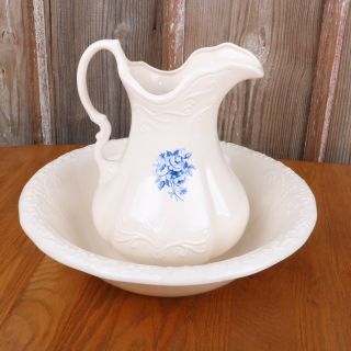 Vintage Wash Pitcher And Bowl White Ironstone Blue Flowers