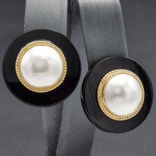 Vintage 14k Yellow Gold Mabe Pearl & Black Onyx Stud Earrings 10.  3 Grams