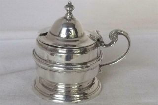 A Large Solid Sterling Silver Shaped Mustard Pot & Glass Liner London 1929.