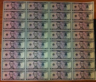$5 Uncut Sheet $5x32 Legal Usa Five Dollar - Real Currency Note Rare Money Gift.
