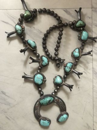 Vintage Turquoise & Silver Squash Blossom Necklace With Navajo Pearls 162 Grams 11