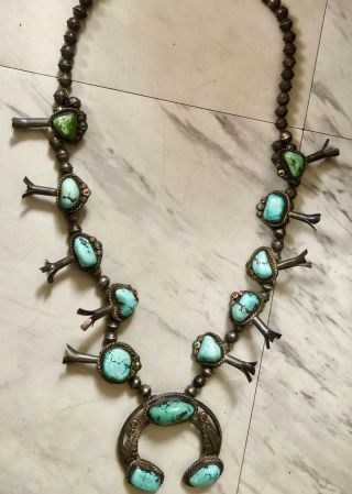 Vintage Turquoise & Silver Squash Blossom Necklace With Navajo Pearls 162 Grams 3