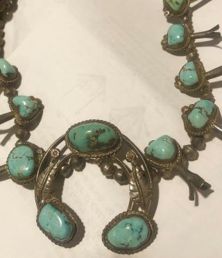 Vintage Turquoise & Silver Squash Blossom Necklace With Navajo Pearls 162 Grams 7