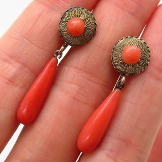 Antique Asia 925 Sterling Silver W/ Real Coral Gemstone Screw Back Drop Earrings