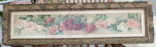 19th Century Antique Vintage Victorian Framed Yard Long Of Roses Watercolor