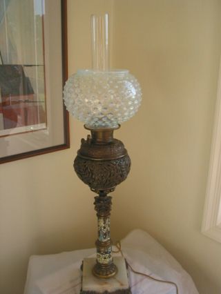 Antique French Enamel Oil Banquet Lamp Brass Font Marble Base Hobnail Shade