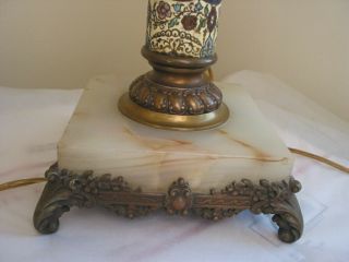 Antique French Enamel Oil Banquet Lamp Brass Font Marble Base Hobnail Shade 2