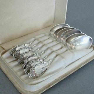 6 Antique Silver Spoons Repousse Flowers Beading Tiffany Orig Pesentation Box