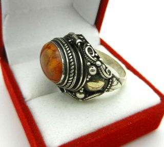 Vintage 925 Sterling Silver Amber Poison Pill Box Locket Ring Secret Compartment 3