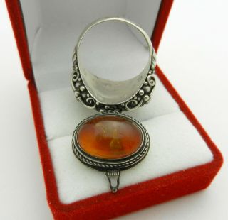 Vintage 925 Sterling Silver Amber Poison Pill Box Locket Ring Secret Compartment 7