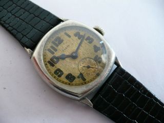 Early Vtg Elgin Mens 7j All Nickel Cushion Shaped Dress Wristwatch 1920 