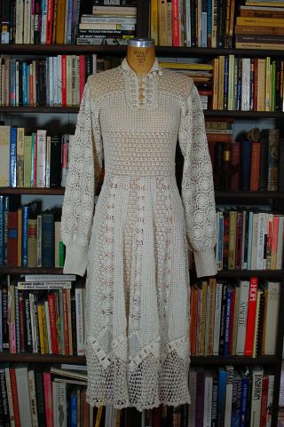 Vintage 60s Cream Cotton Crochet Lace Boho Hippie Dress Small Rare