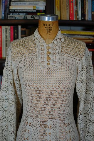 Vintage 60s Cream Cotton Crochet Lace Boho Hippie Dress SMALL RARE 2