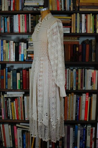 Vintage 60s Cream Cotton Crochet Lace Boho Hippie Dress SMALL RARE 4