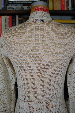Vintage 60s Cream Cotton Crochet Lace Boho Hippie Dress SMALL RARE 8