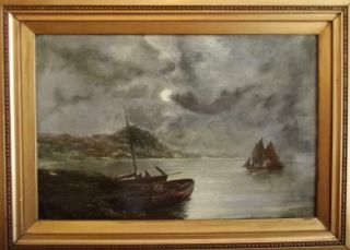 WILSON 1915 Antique Scottish Noctune Marine Oil Painting MOONLIGHT ON THE FORTH 3