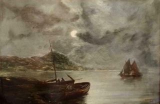 WILSON 1915 Antique Scottish Noctune Marine Oil Painting MOONLIGHT ON THE FORTH 4