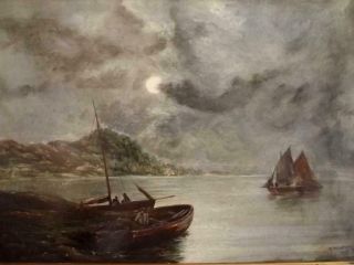 WILSON 1915 Antique Scottish Noctune Marine Oil Painting MOONLIGHT ON THE FORTH 5