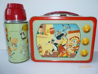1959 Vintage Looney Tunes Metal Lunch Box And Thermos Set
