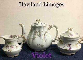 Teapot - Sugar & Creamer Violet Flowers & Daisy Vintage Haviland Limoges