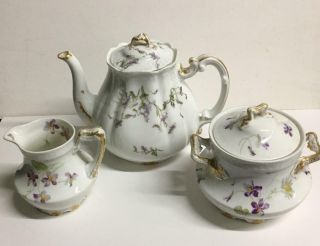 Teapot - Sugar & Creamer Violet Flowers & Daisy Vintage Haviland Limoges 2