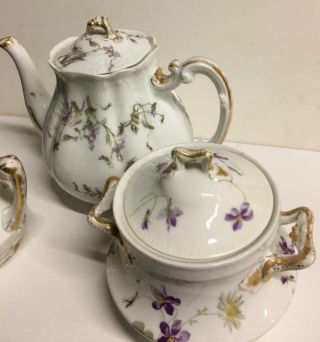 Teapot - Sugar & Creamer Violet Flowers & Daisy Vintage Haviland Limoges 4