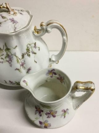 Teapot - Sugar & Creamer Violet Flowers & Daisy Vintage Haviland Limoges 8