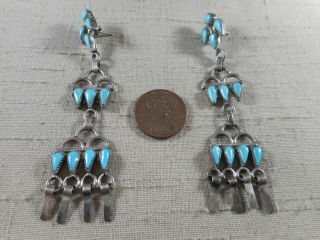 Long Vintage Zuni Silver & Natural Turquoise Chandelier Dangle Earrings