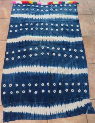 Vintage African,  Dogon Indigo Resist Dyed Cotton Strips,  Yarn Fringe/36”x56 