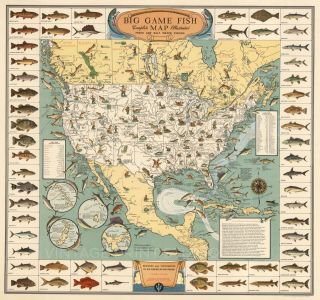 Big Game Fish Map Vintage Fishing Map Poster Giclee Canvas Print 40x38