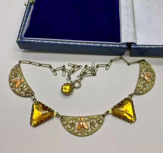 Vintage Jewellery Czech Art Deco Amber Crystal/enamel Filigree Necklace