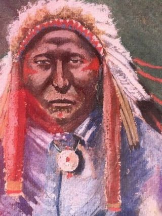 Antique Painting 1901 Of Indian Chief In Feather Headdress Gustave Gus Garrett