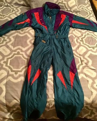 DESCENTE Mens XL Xlarge One piece Ski Suit Snowsuit Snow Bib Jacket Neon Vintage 2