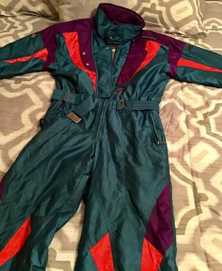 DESCENTE Mens XL Xlarge One piece Ski Suit Snowsuit Snow Bib Jacket Neon Vintage 4