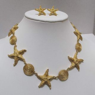 Vtg Trifari Tm Gold Tone (or Gold Plated) Starfish Necklace Earrings Set