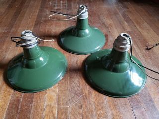 Set Of 3 Vintage Benjamin Green Porcelain Enamel Barn Light,  14”